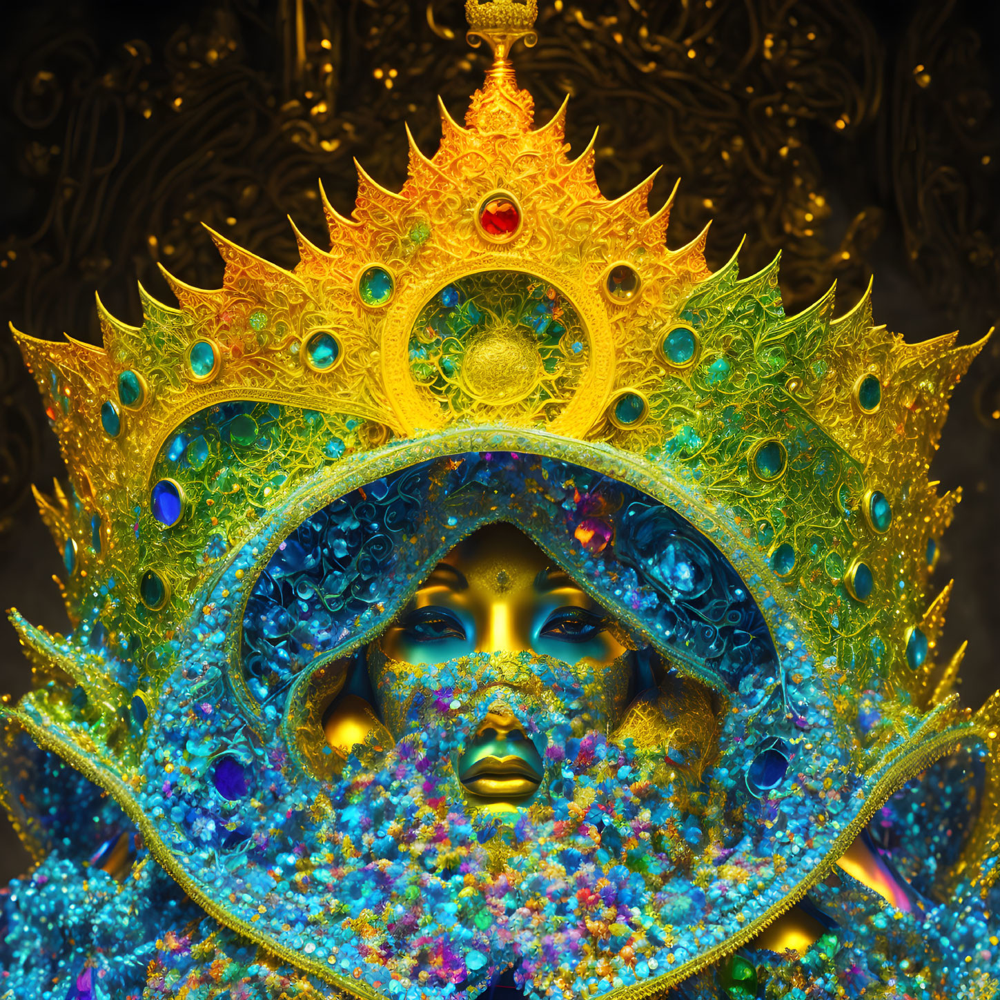 Blue Gem-Crusted Mask with Golden Crown on Elaborate Background