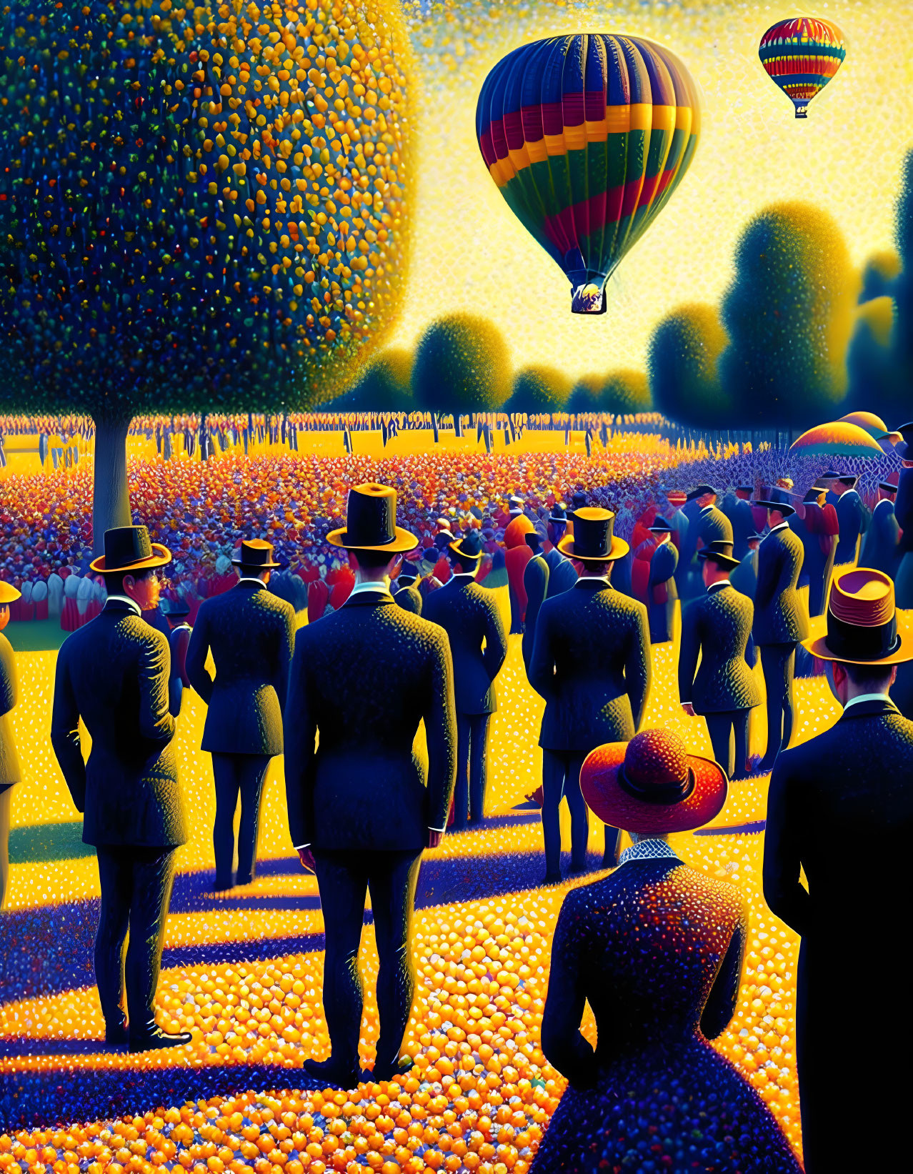 Vintage Attire People Watching Hot Air Balloons in Colorful Landscape