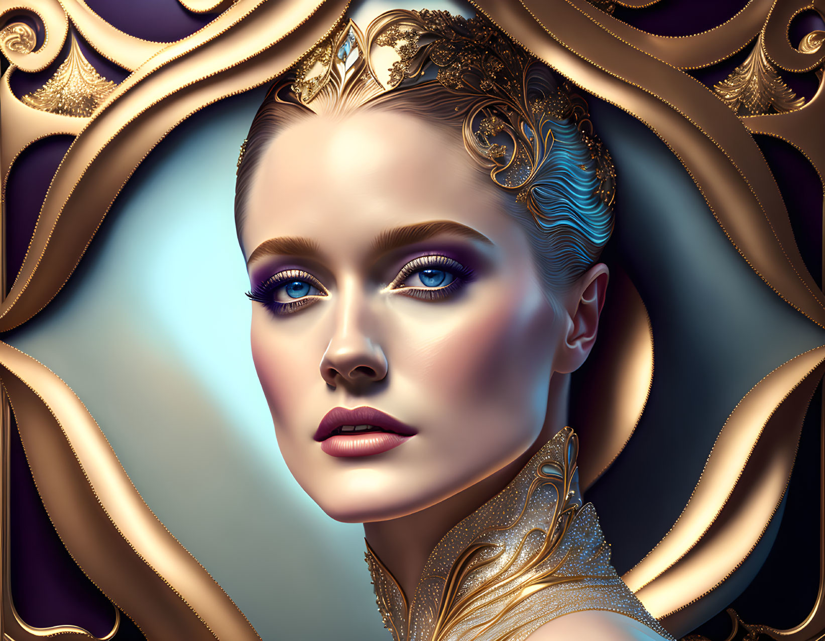 Digital Artwork: Woman with Blue Eyes & Golden Headpiece on Purple Background