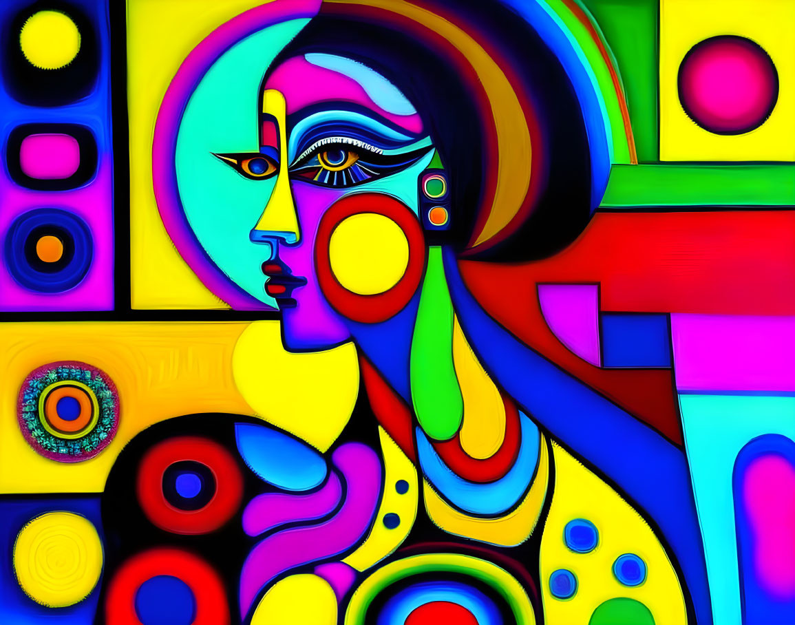 Colorful Abstract Painting with Stylized Female Figure