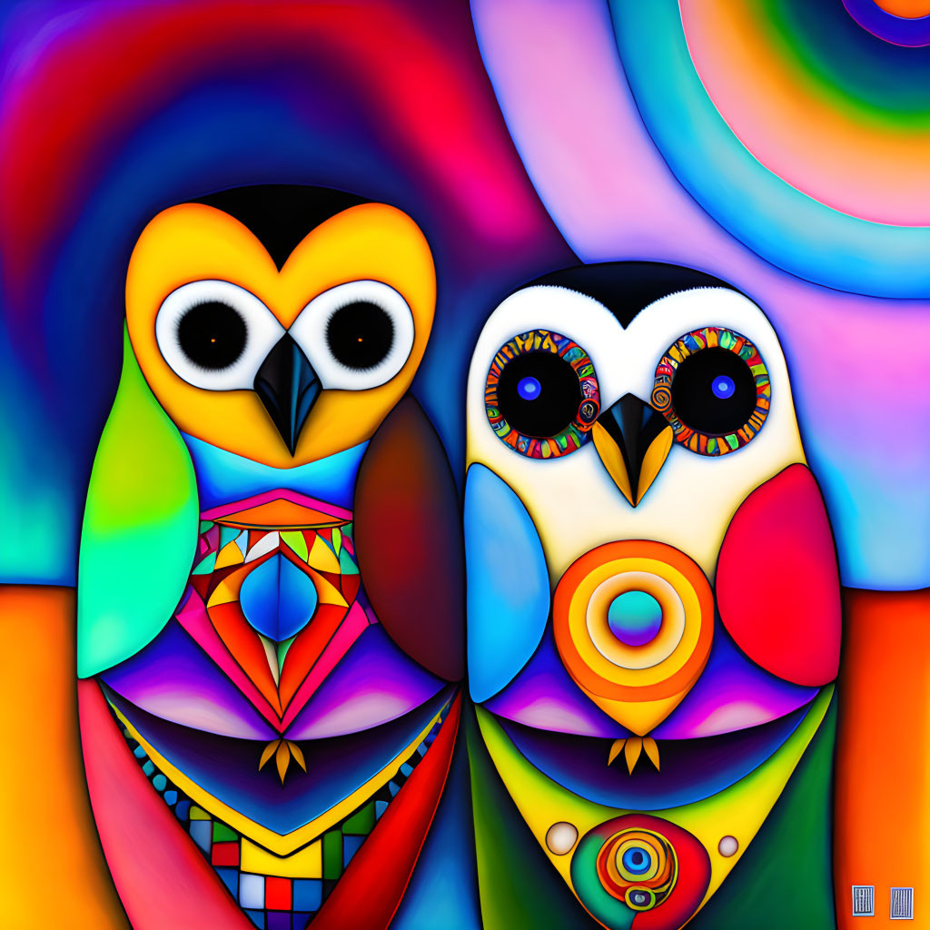 Colorful Digital Painting: Whimsical Owls & Geometric Patterns