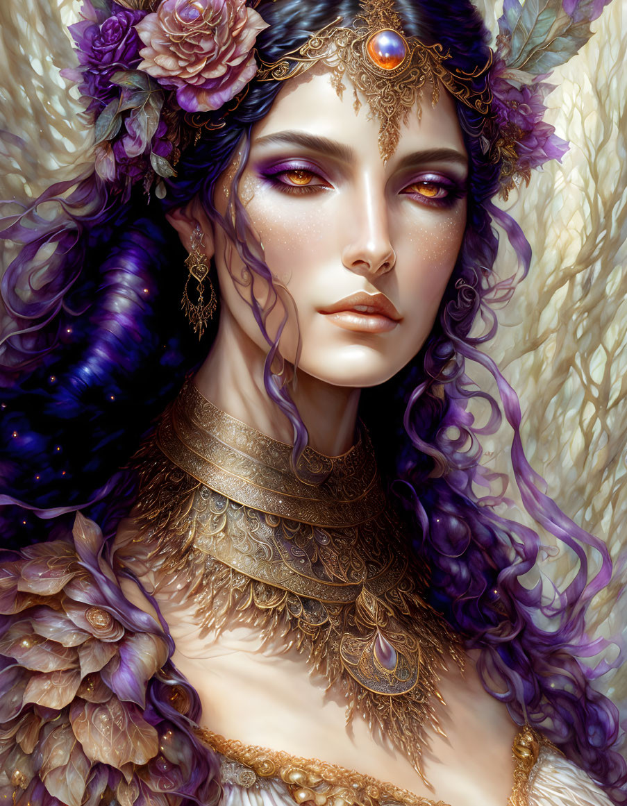 Portrait of woman with purple hair, floral adornments, gold jewelry, and ornate backdrop