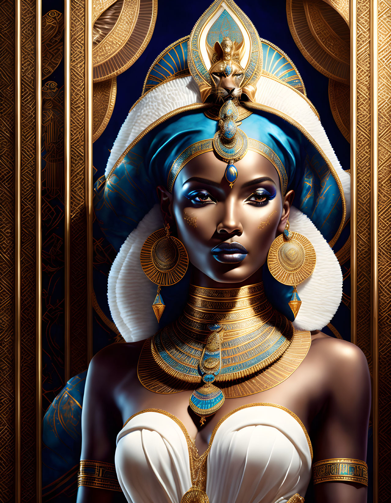 Regal figure with blue skin and Egyptian-style jewelry on patterned background