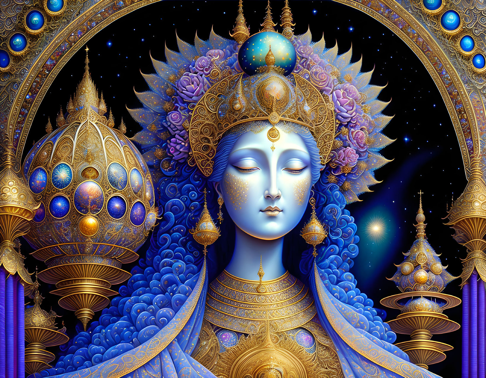 Digital artwork of serene blue-skinned female with cosmic headdress