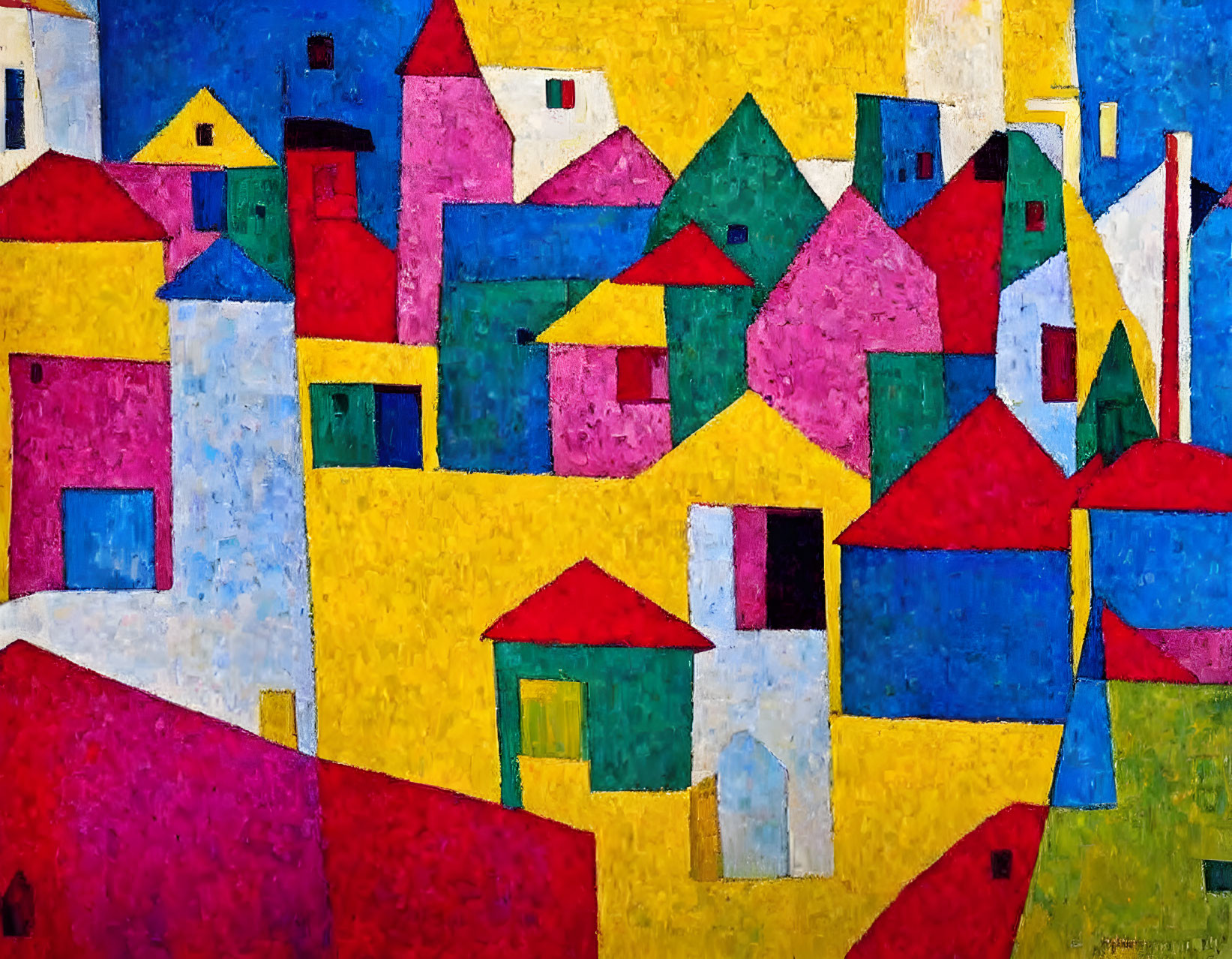 Vibrant abstract village painting with geometric shapes in red, blue, yellow, and green on textured