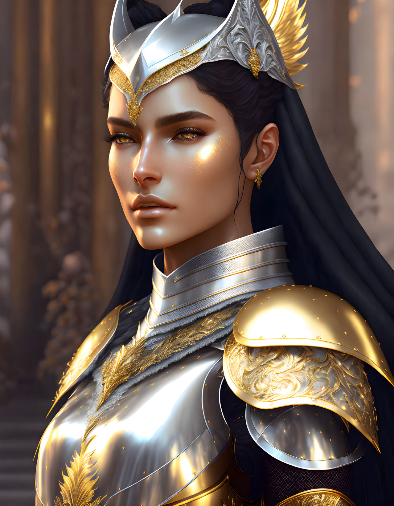 Regal fantasy warrior in ornate gold armor and crown