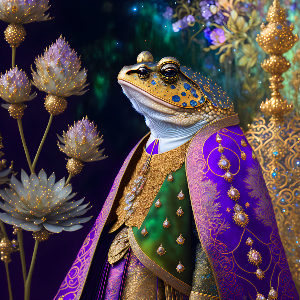 Regal Frog in Renaissance Attire on Floral Backdrop