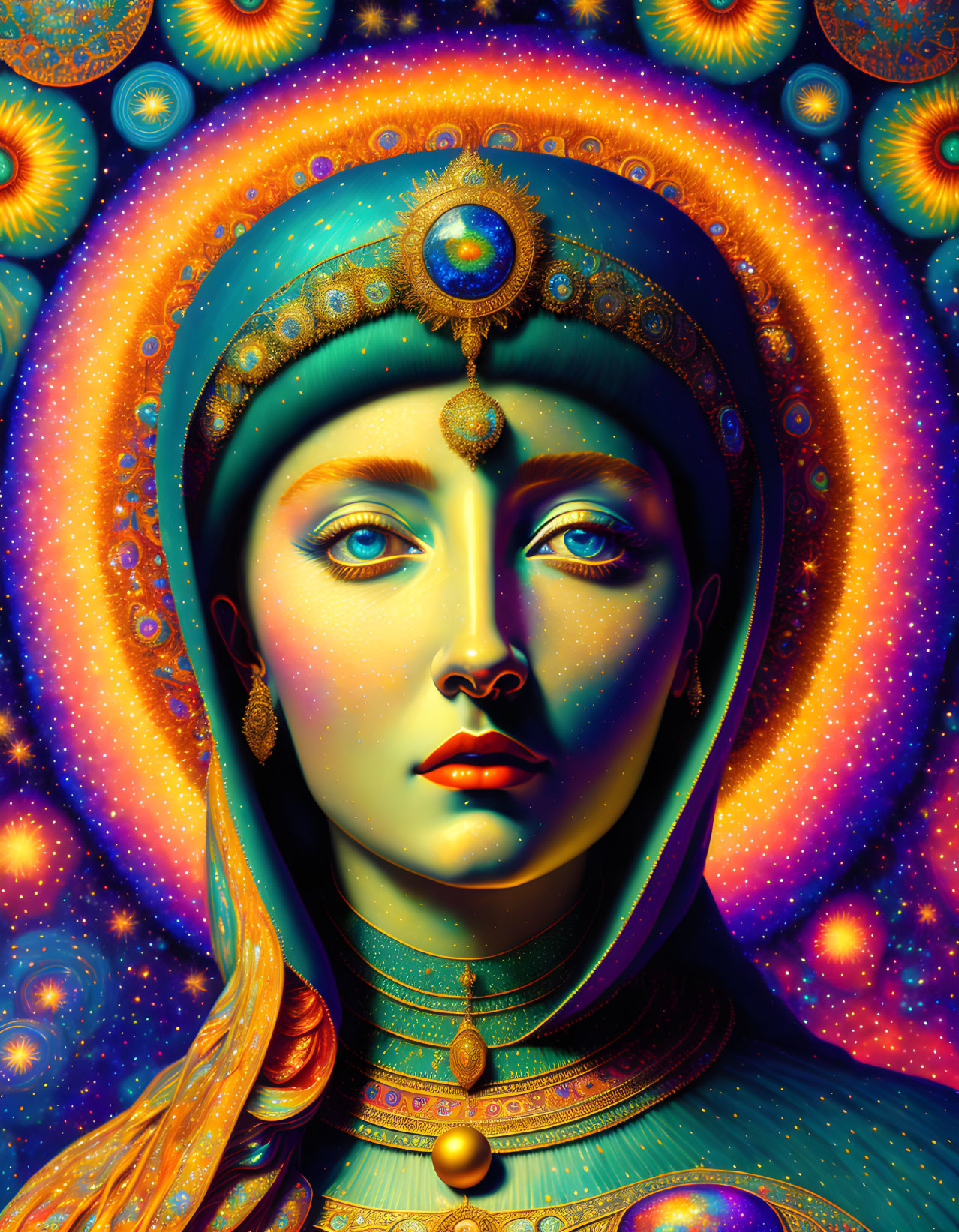 Colorful digital portrait of woman with blue headdress and cosmic background