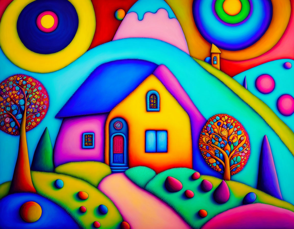 Vibrant painting of whimsical landscape with colorful houses and patterned trees