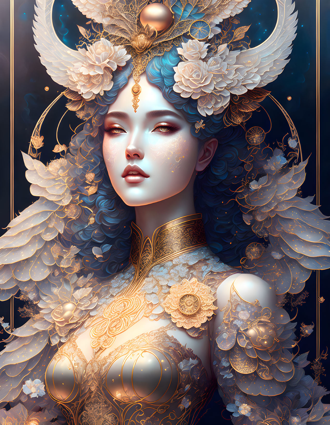 Fantasy illustration of a woman in ornate headdress and golden armor with tranquil, ethereal vibe