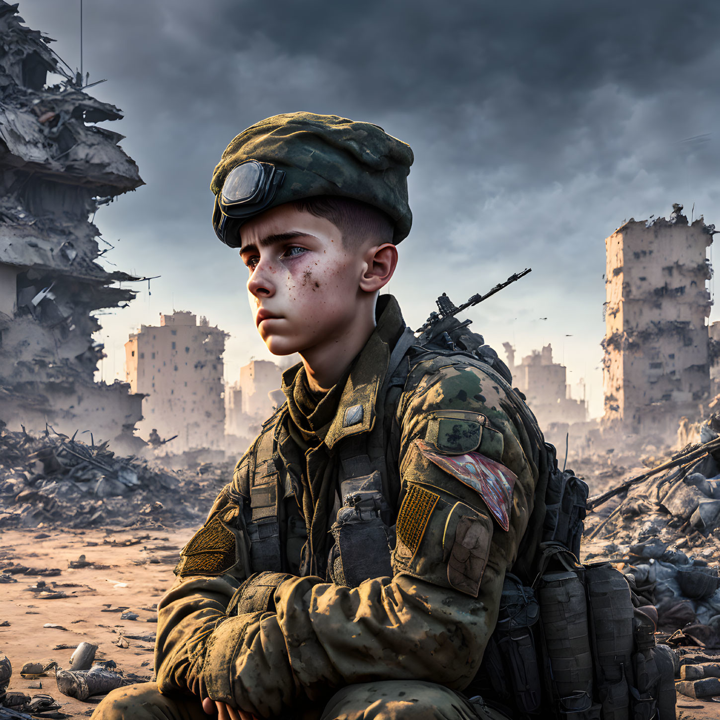 Young soldier in military gear amidst urban ruins reflecting on war devastation