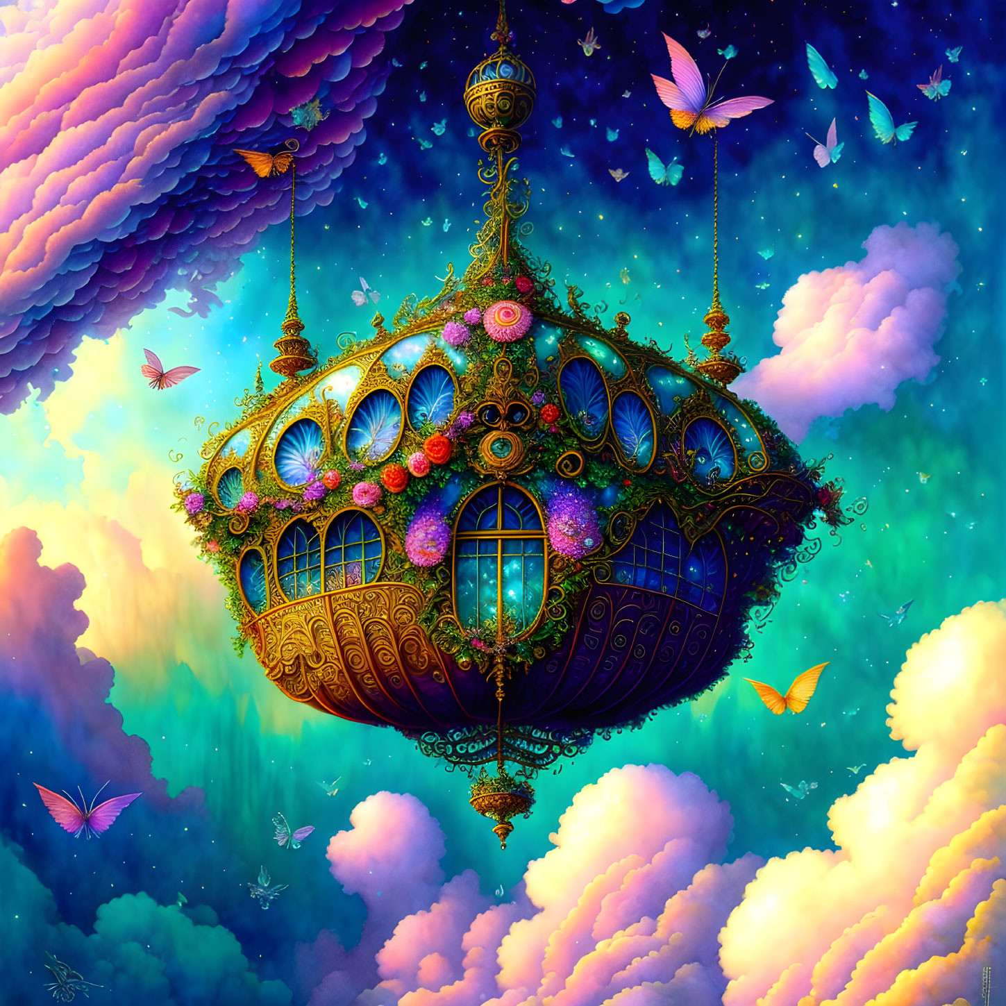 Colorful fantasy illustration of ornate airship in starry sky.