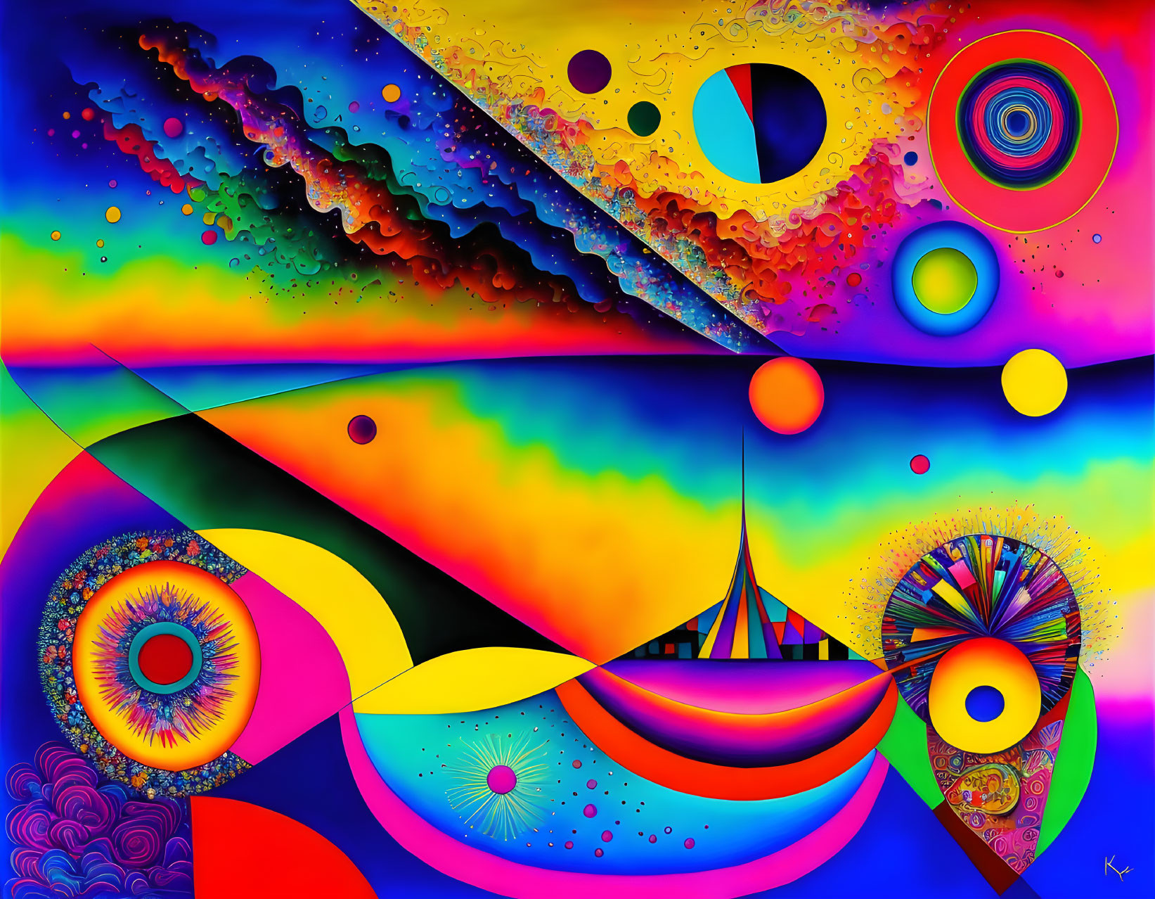 Colorful Abstract Painting with Geometric Shapes & Cosmic Elements