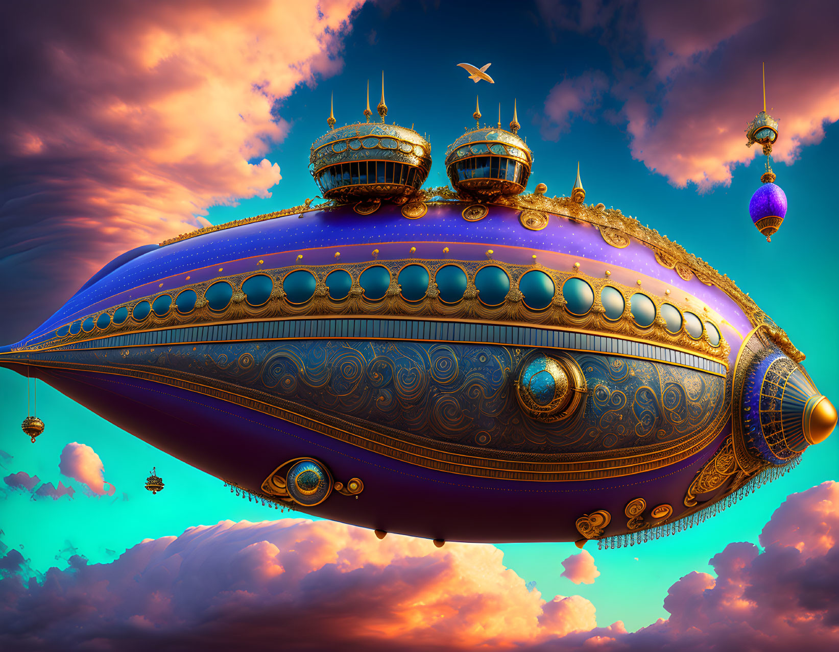 Blue and Gold Fantastical Airship in Vibrant Sky