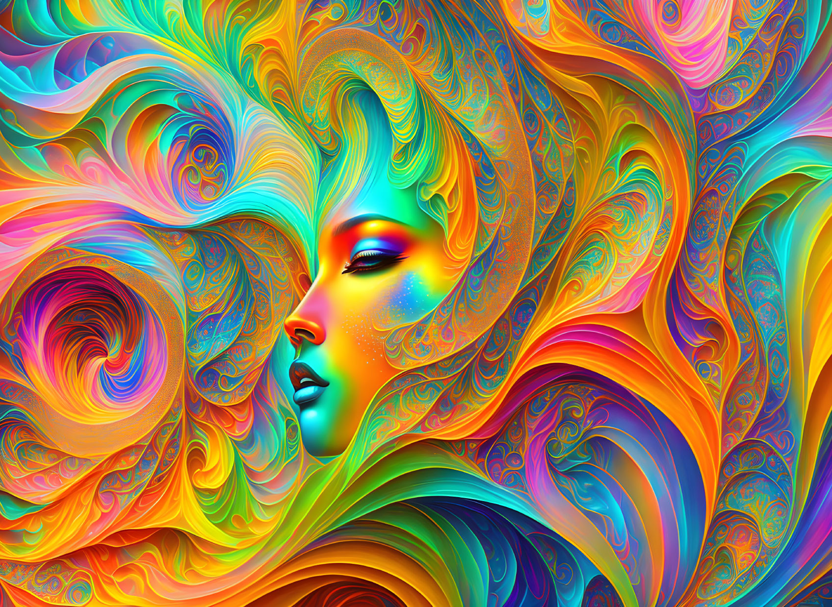 Colorful Psychedelic Woman Profile Illustration with Swirling Patterns