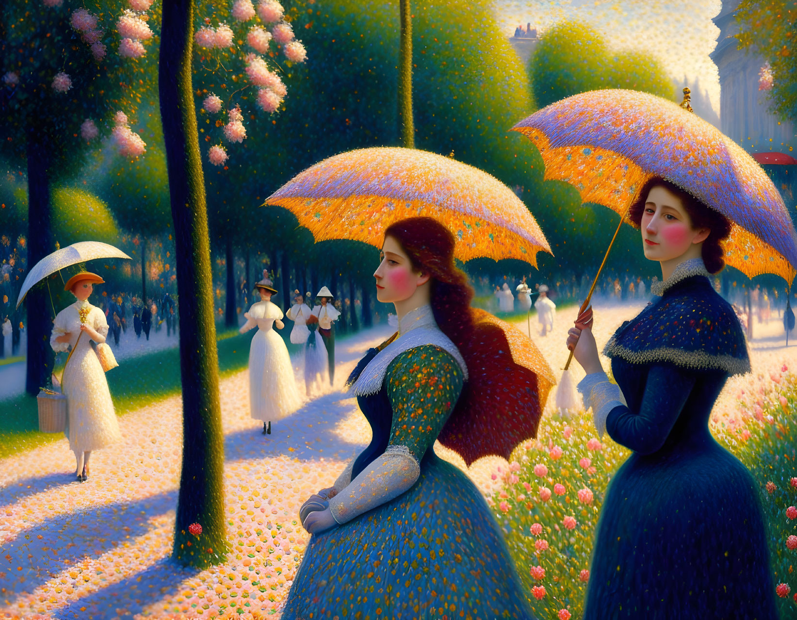 Vibrant garden scene with stylized women and parasols