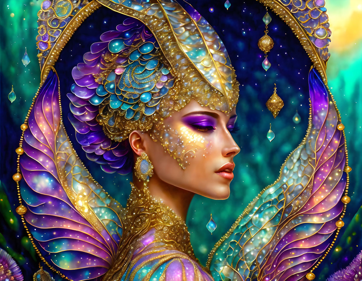 Colorful Woman with Golden Headgear and Peacock Wings on Starry Background