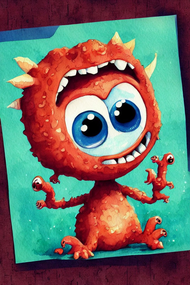 Colorful Orange Monster with Blue Eyes and Tentacle Arms on Textured Blue Background