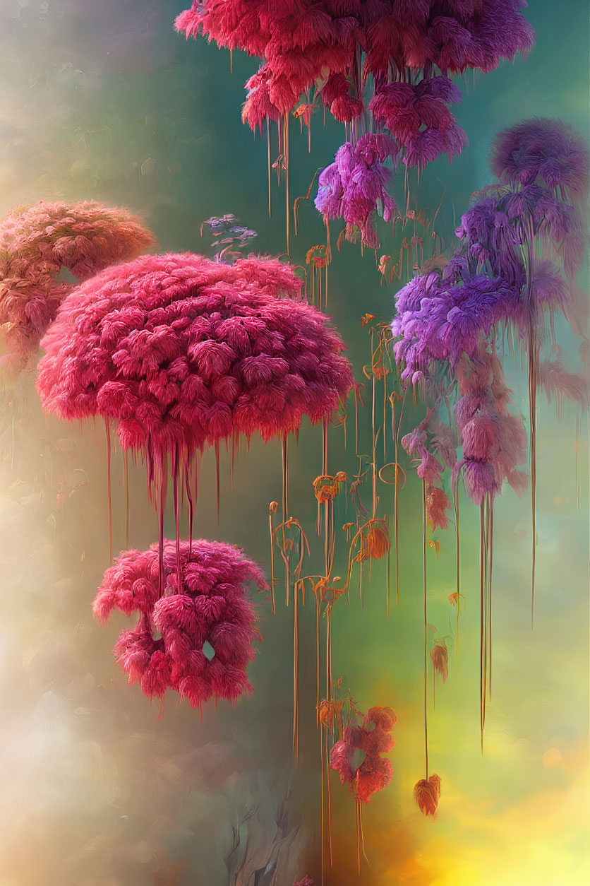 Colorful surreal landscape with tree-like structures and foggy backdrop