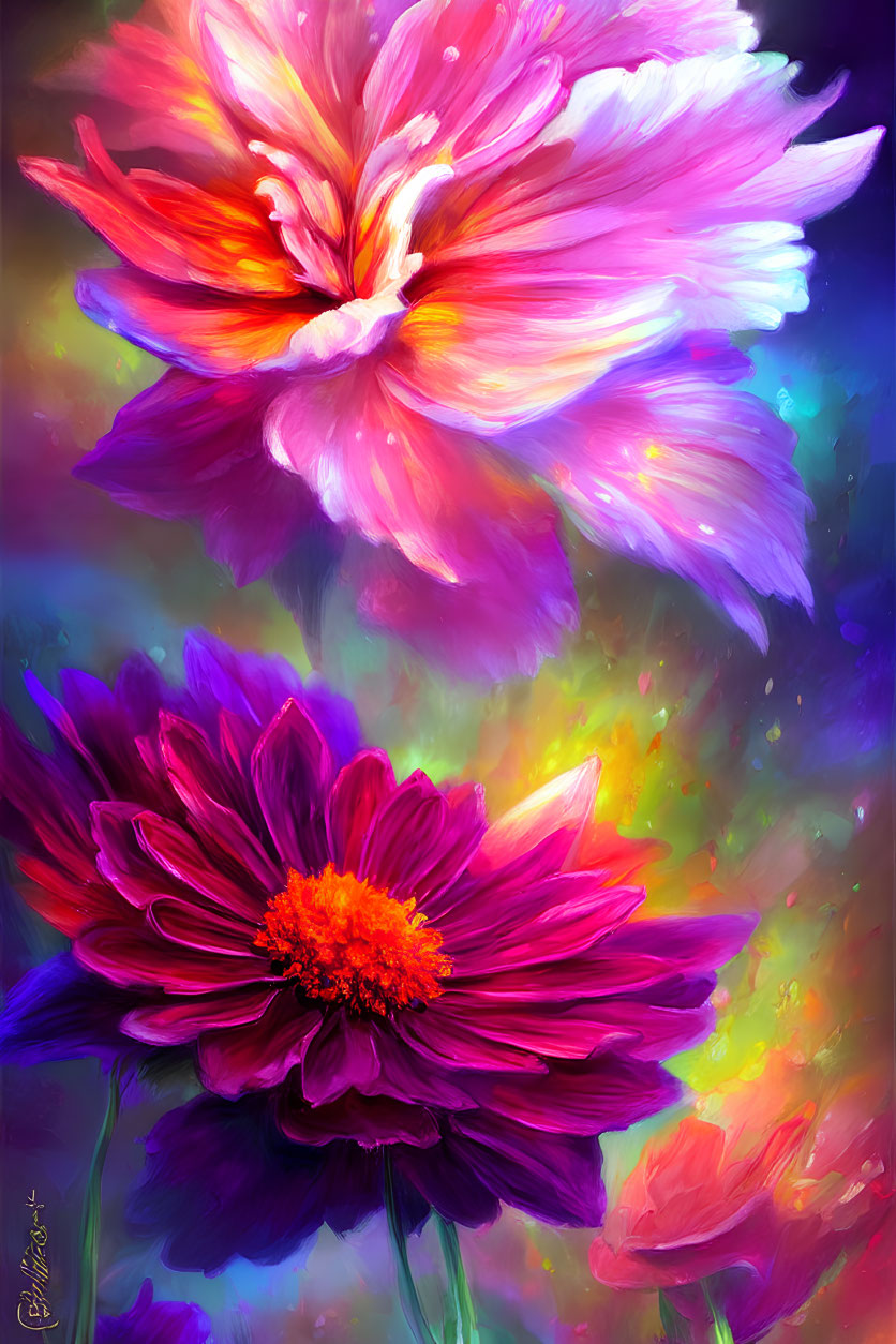 Colorful digital painting of pink and purple flower with dreamy background