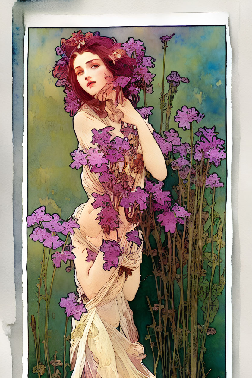 Illustration of Woman with Red Hair and Purple Flowers Bouquet