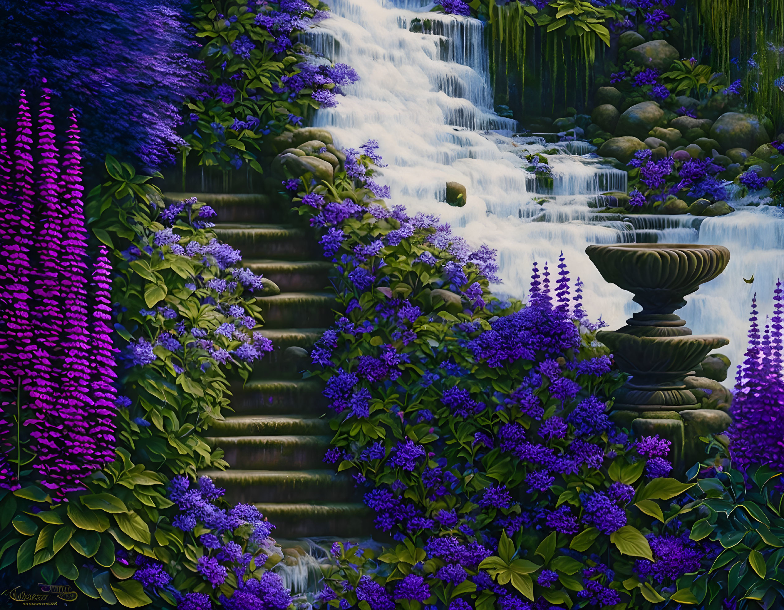 Tranquil waterfall, mossy steps, blue and purple flowers, classical fountain