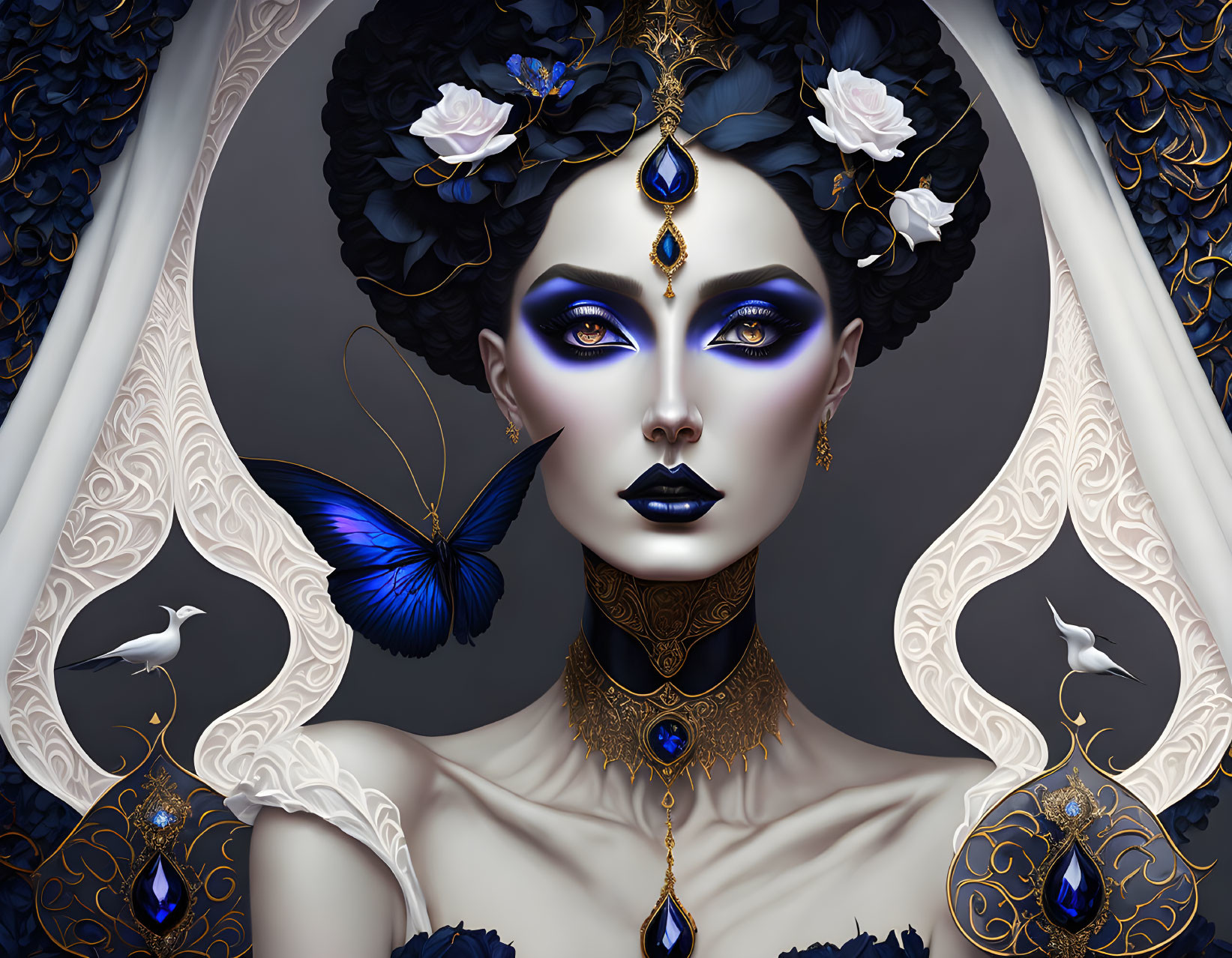 Illustration of Woman with Dark Skin, Blue and Gold Makeup, Jewelry, Floral Motifs, and