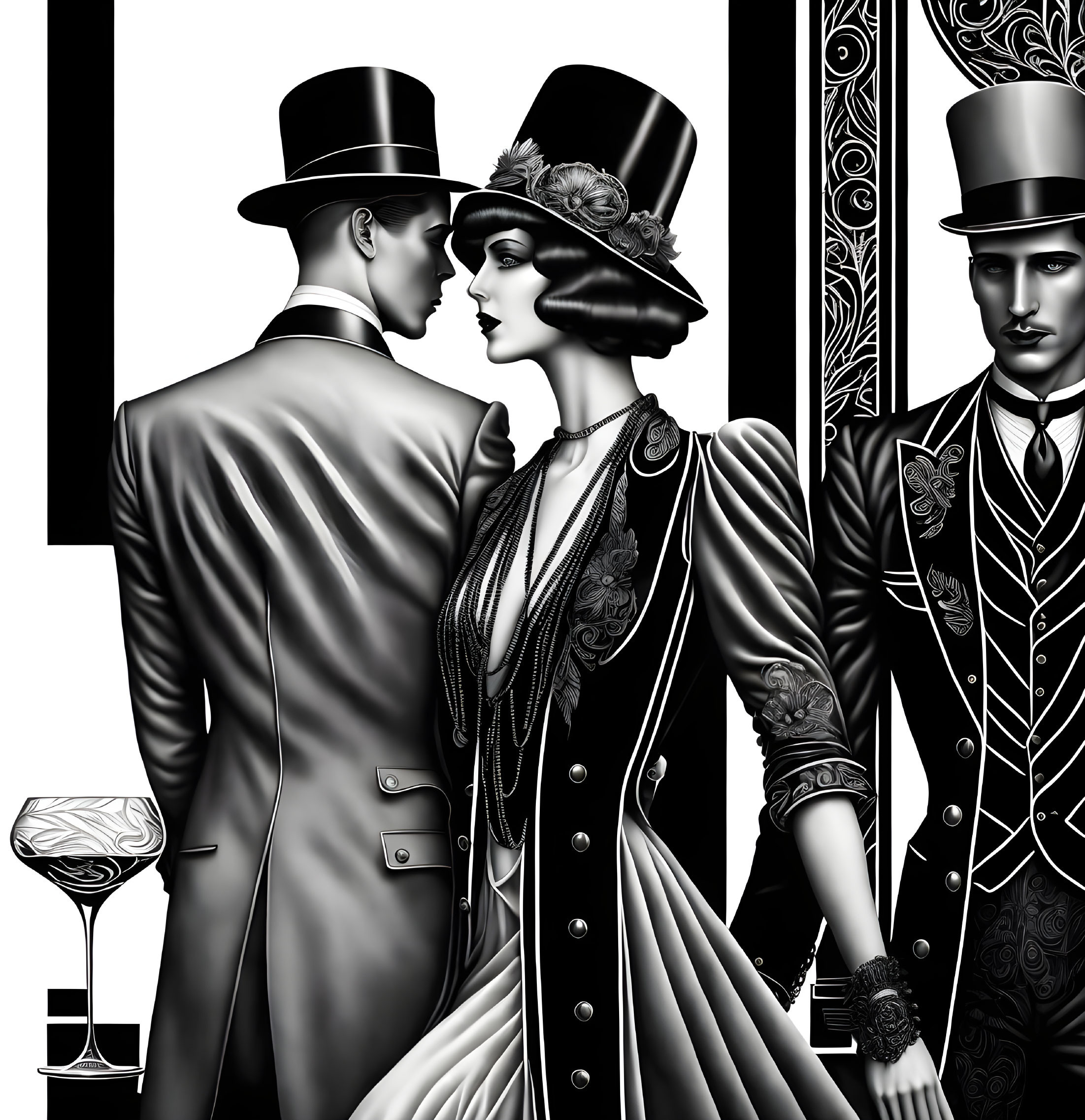 Monochrome illustration of three figures in vintage clothing