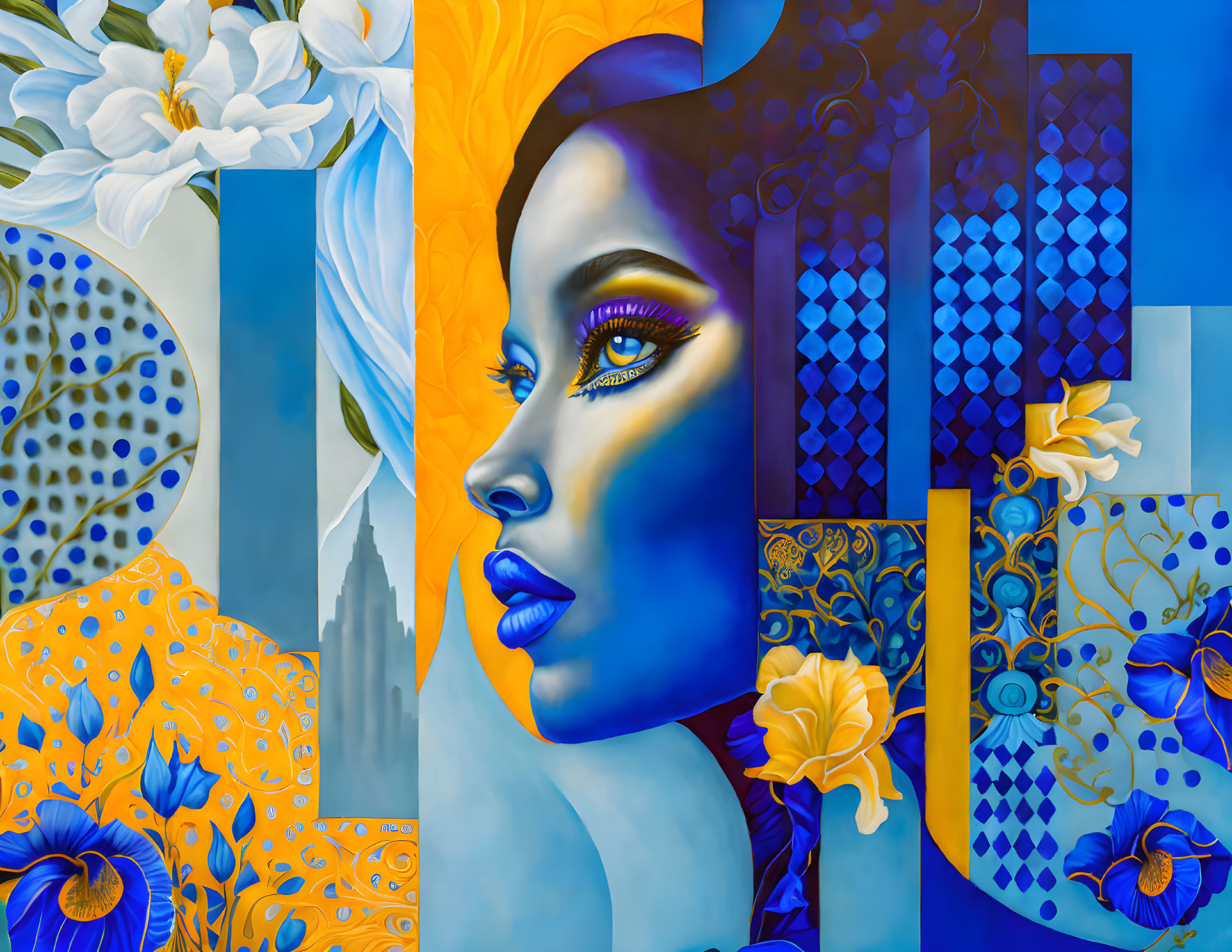 Surreal portrait of woman with blue skin and intricate patterns