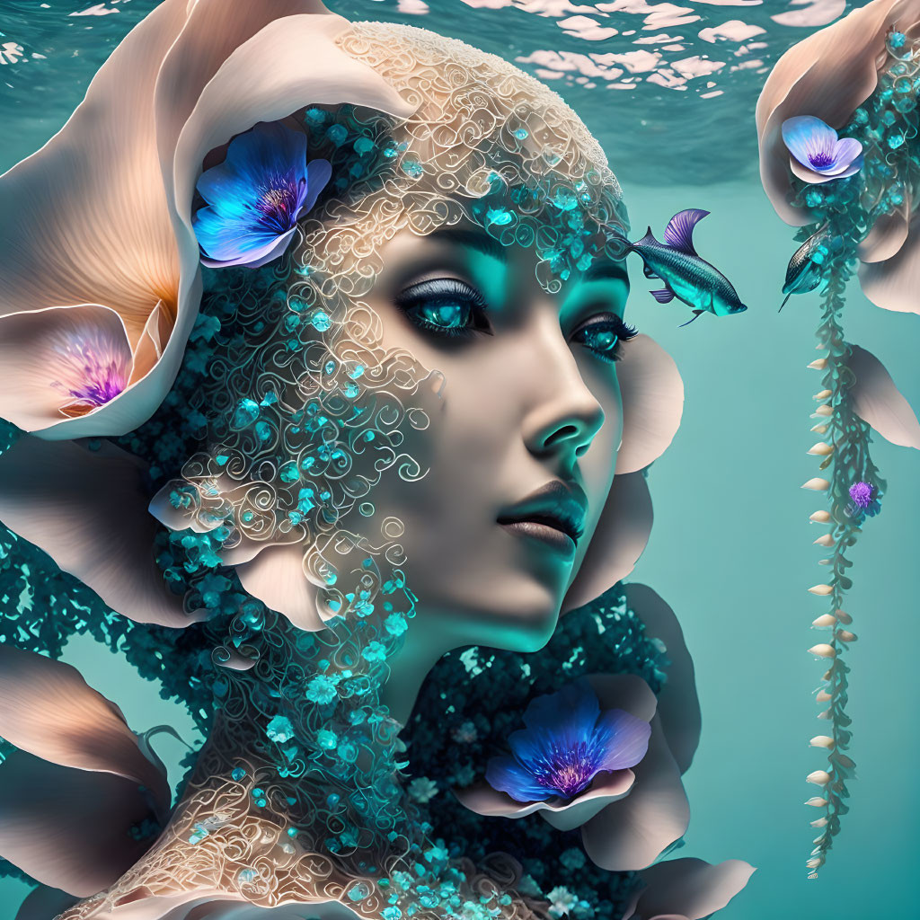 Surreal portrait of woman with flowers and fish in underwater scene