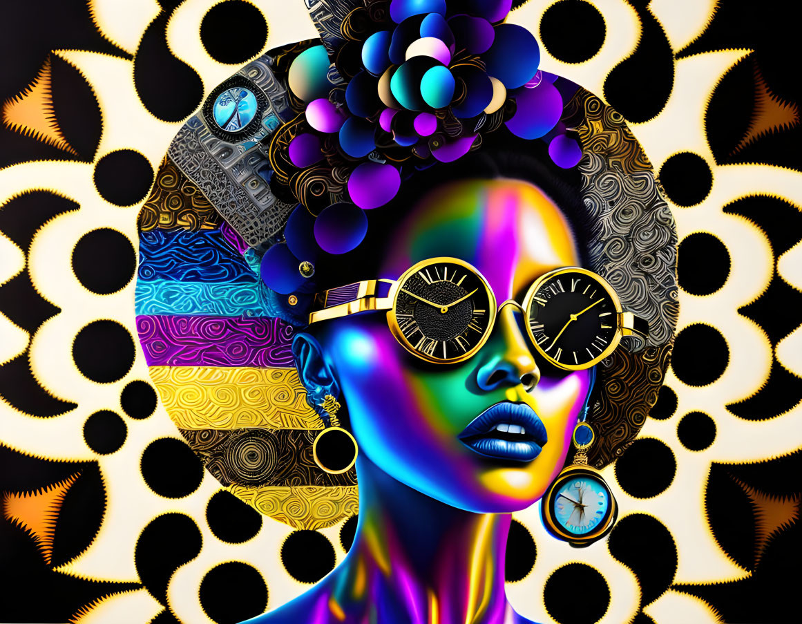 Colorful digital portrait of a woman with clock sunglasses and intricate timepiece patterns.