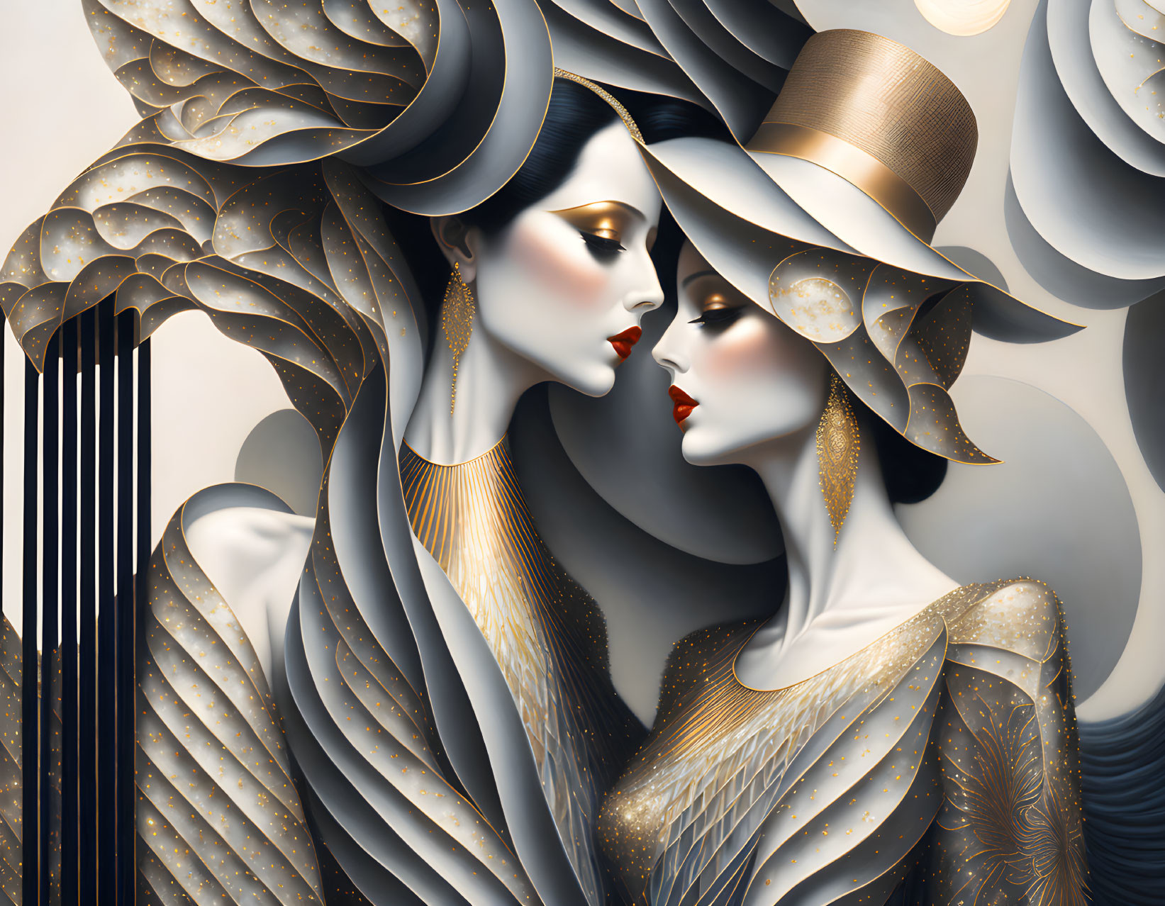 Stylized art deco women in flowing golden and silver garments