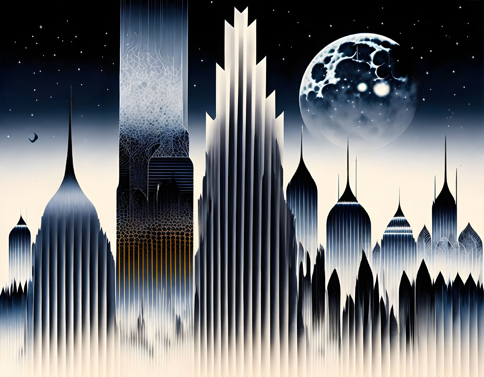 Futuristic cityscape with skyscrapers and moonlit sky