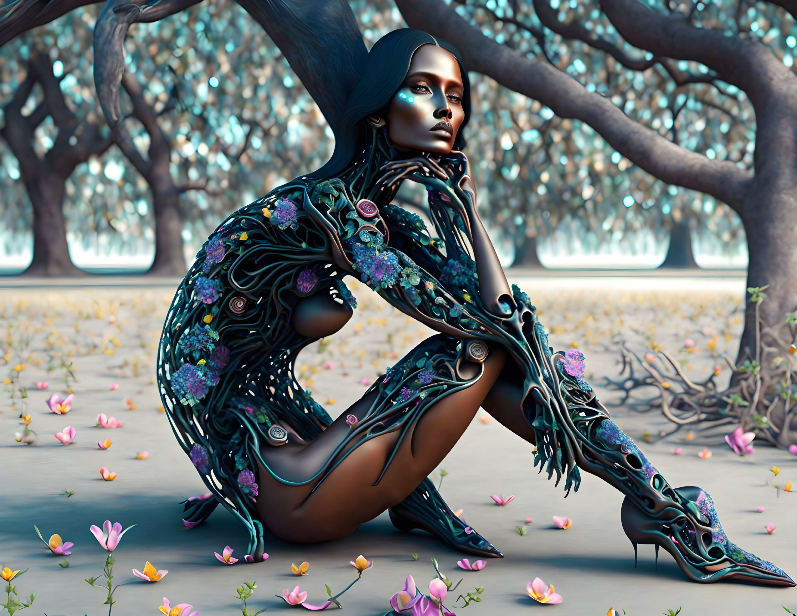 Female android digital art: intricate floral patterns in forest