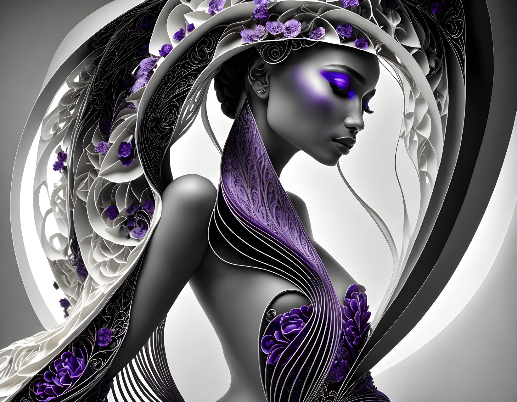 Monochrome image of a woman with purple makeup and floral accents against abstract background