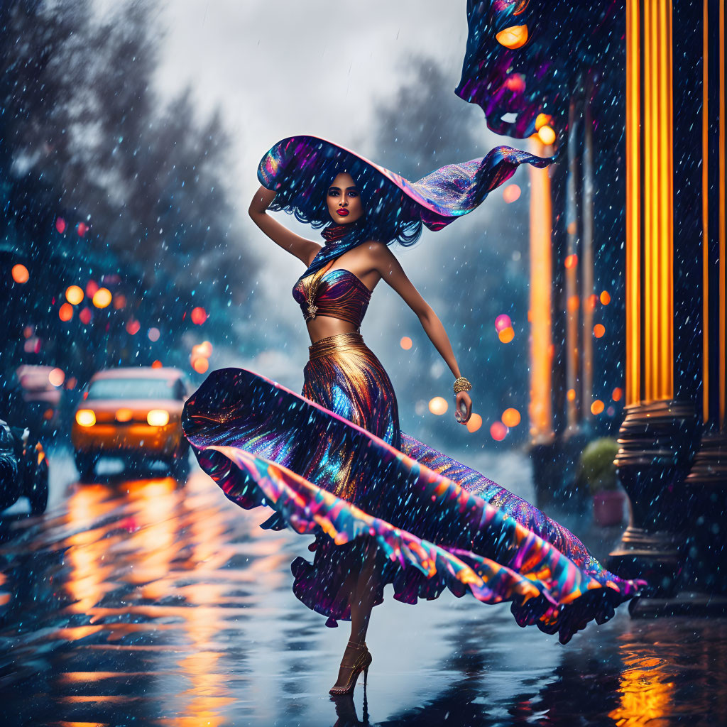 Woman in shimmering dress dances on rainy street at night with city lights.