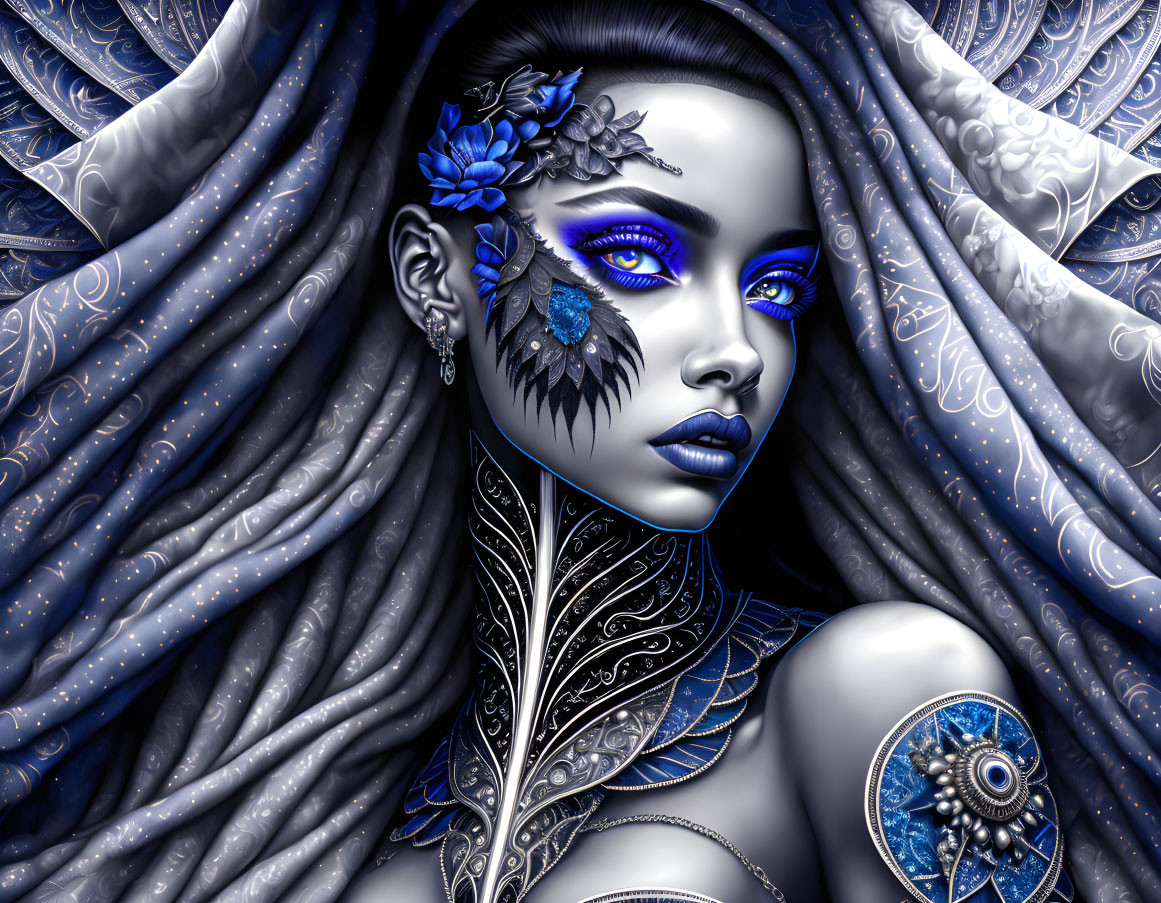 Female Figure with Vivid Blue Eyes and Silver Jewelry and Floral Accents