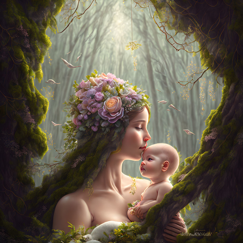 Woman with floral crown holding baby in mystical forest with hanging moss and twinkling lights