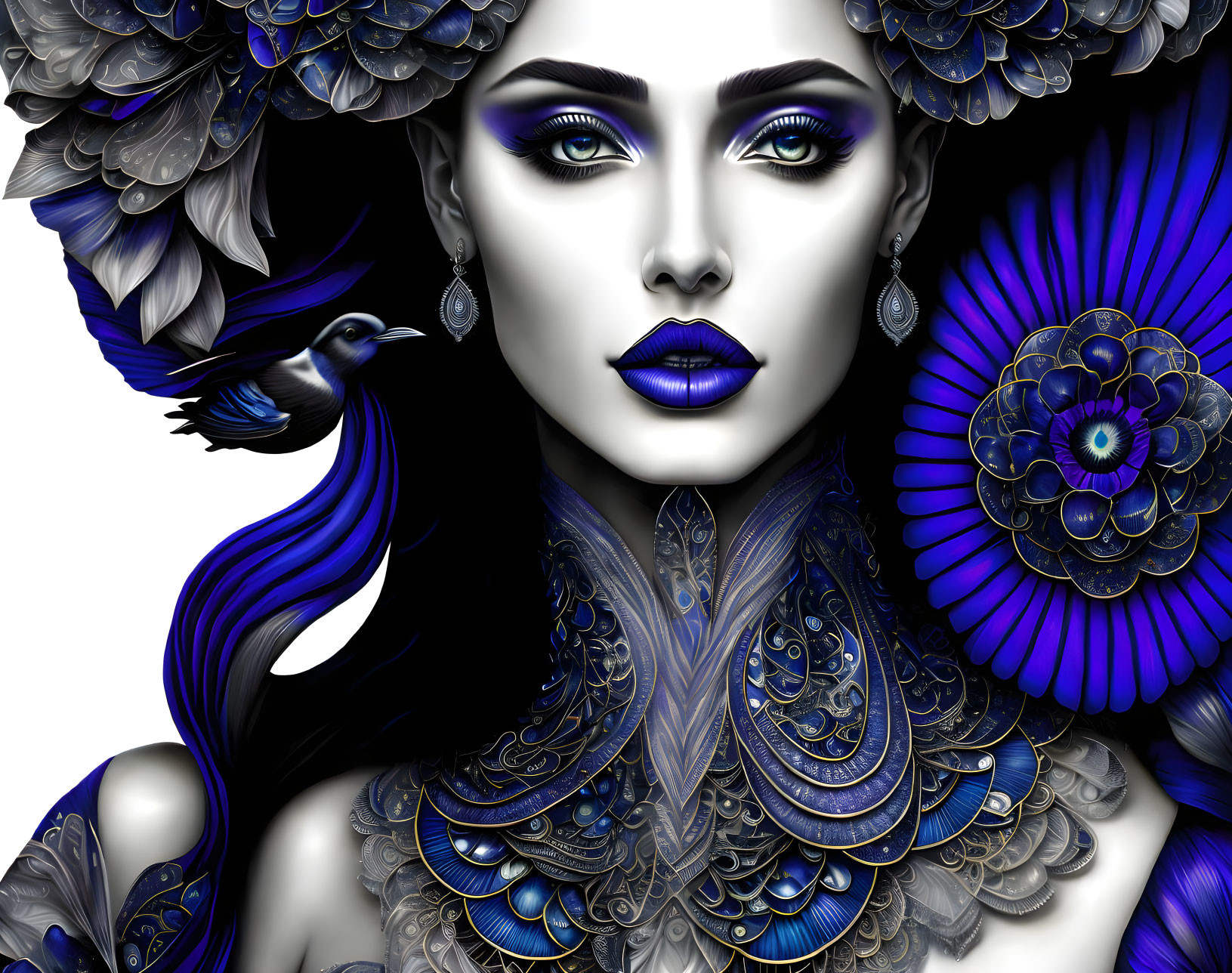 Digital artwork featuring woman with blue lips & intricate patterns, with blue bird in blue & black shades.