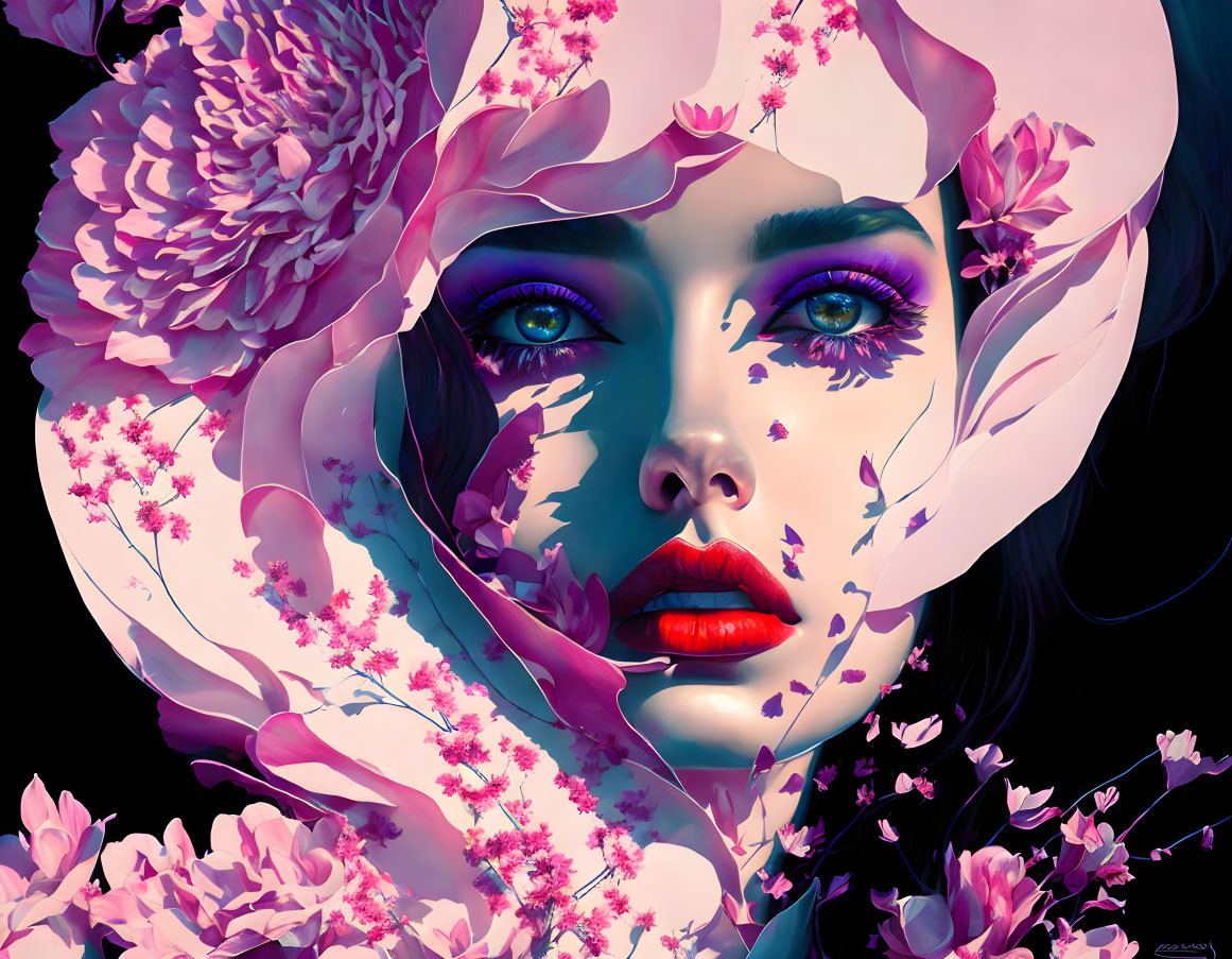 Vibrant digital artwork: Woman's face with blue eyes and red lips obscured by pink flowers.