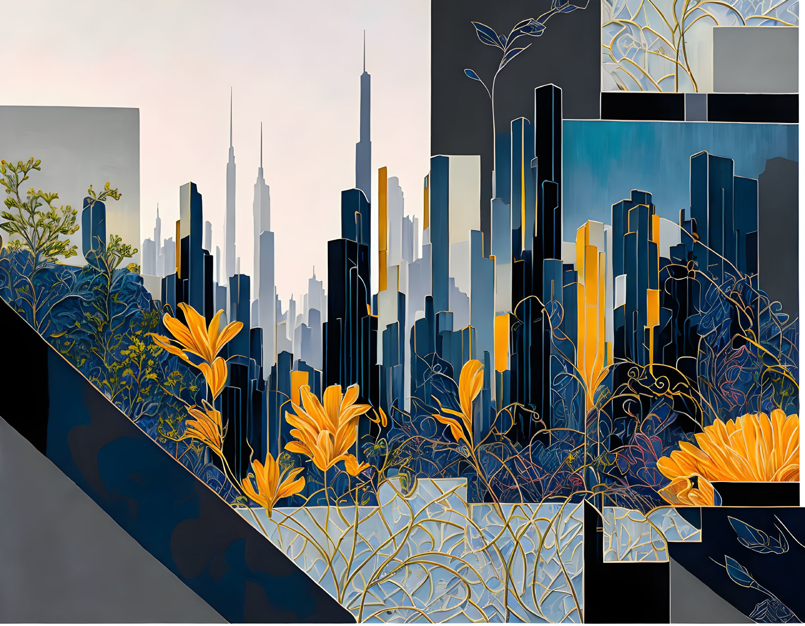 Abstract cityscape painting with architectural and plant elements, dark/light contrast, gold and blue tones