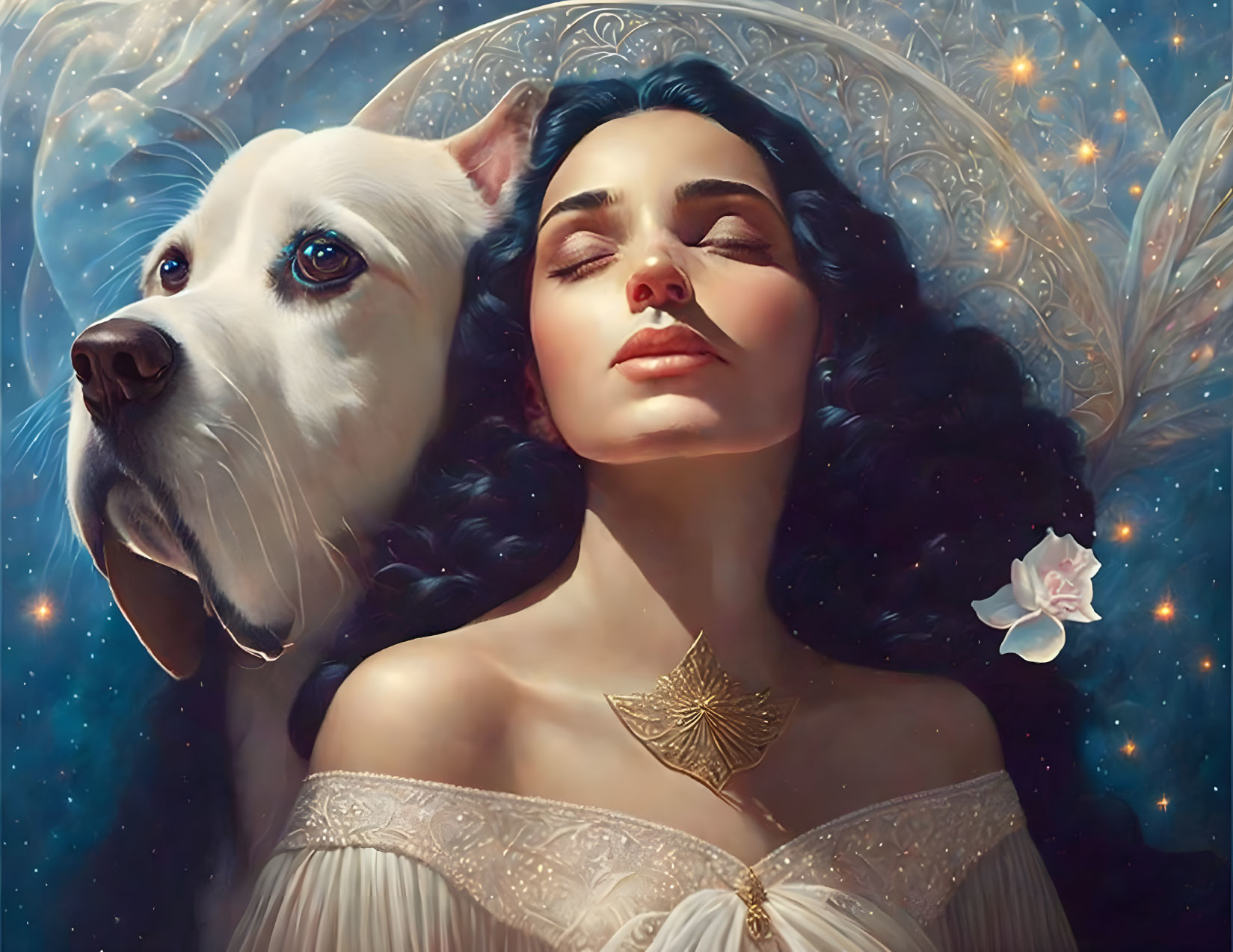 Serene woman and white dog in celestial setting