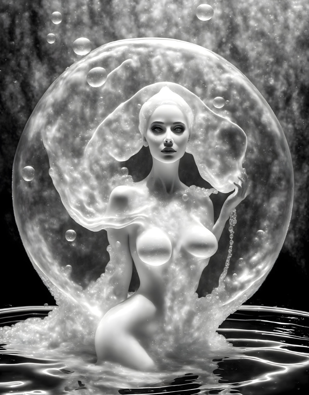 Surreal Black and White Figure in Translucent Bubble