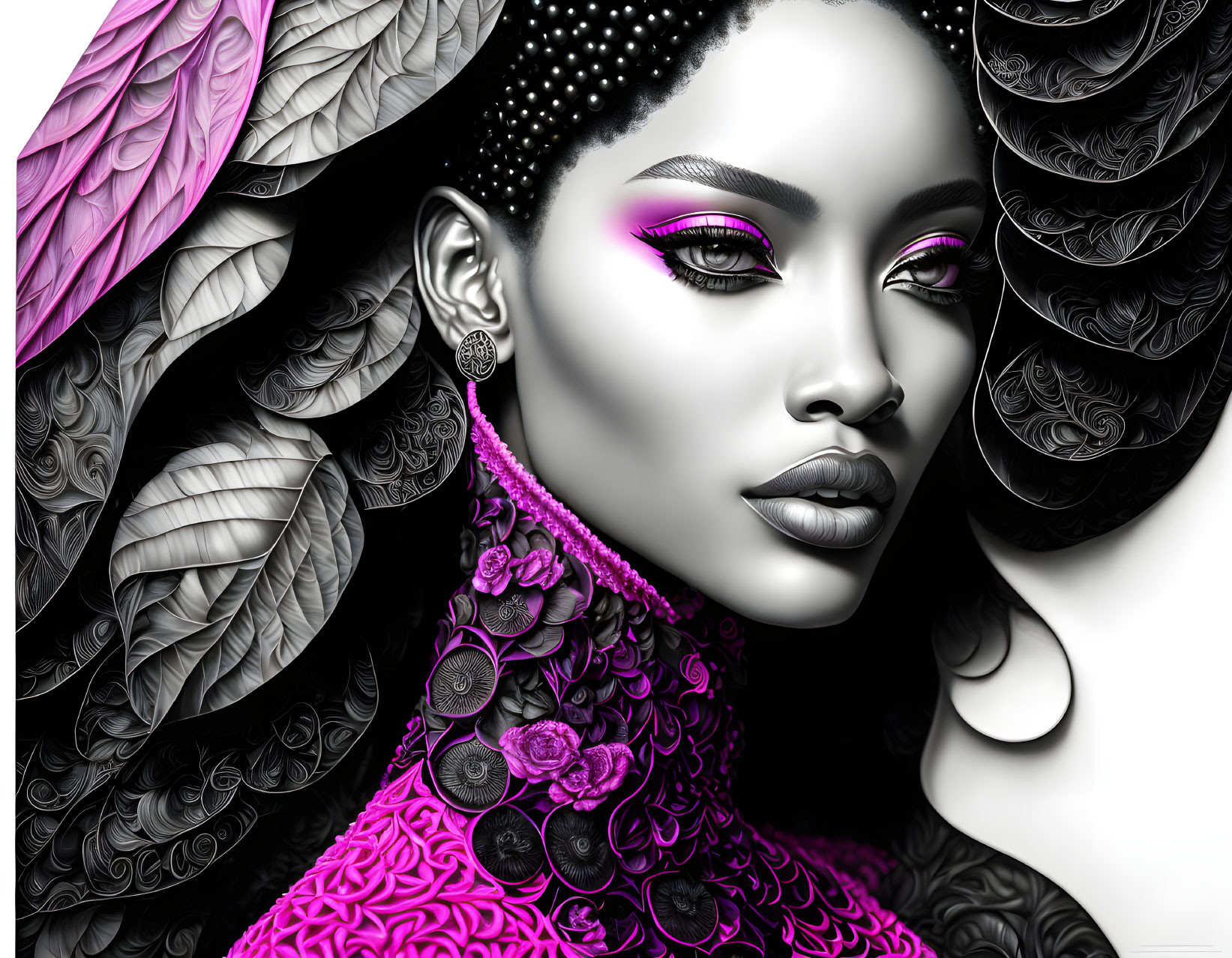 Monochrome image with pink pop, woman adorned with floral patterns and vivid pink eyeshadow