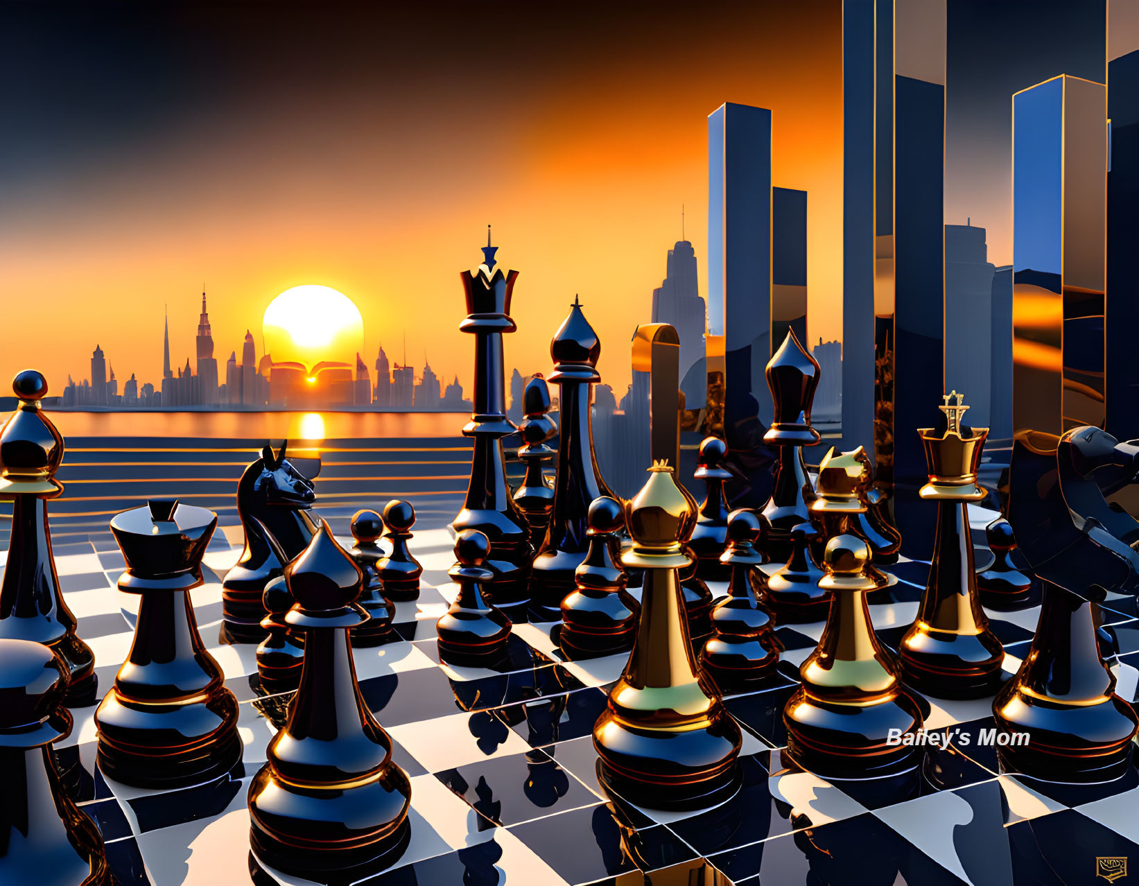 Futuristic chessboard at sunset with sleek pieces