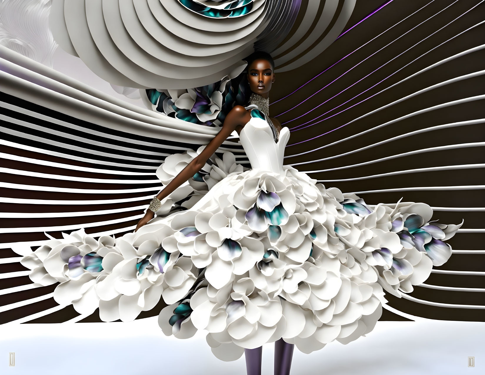 Elaborate white flower-like gown on woman against swirling black and white backdrop