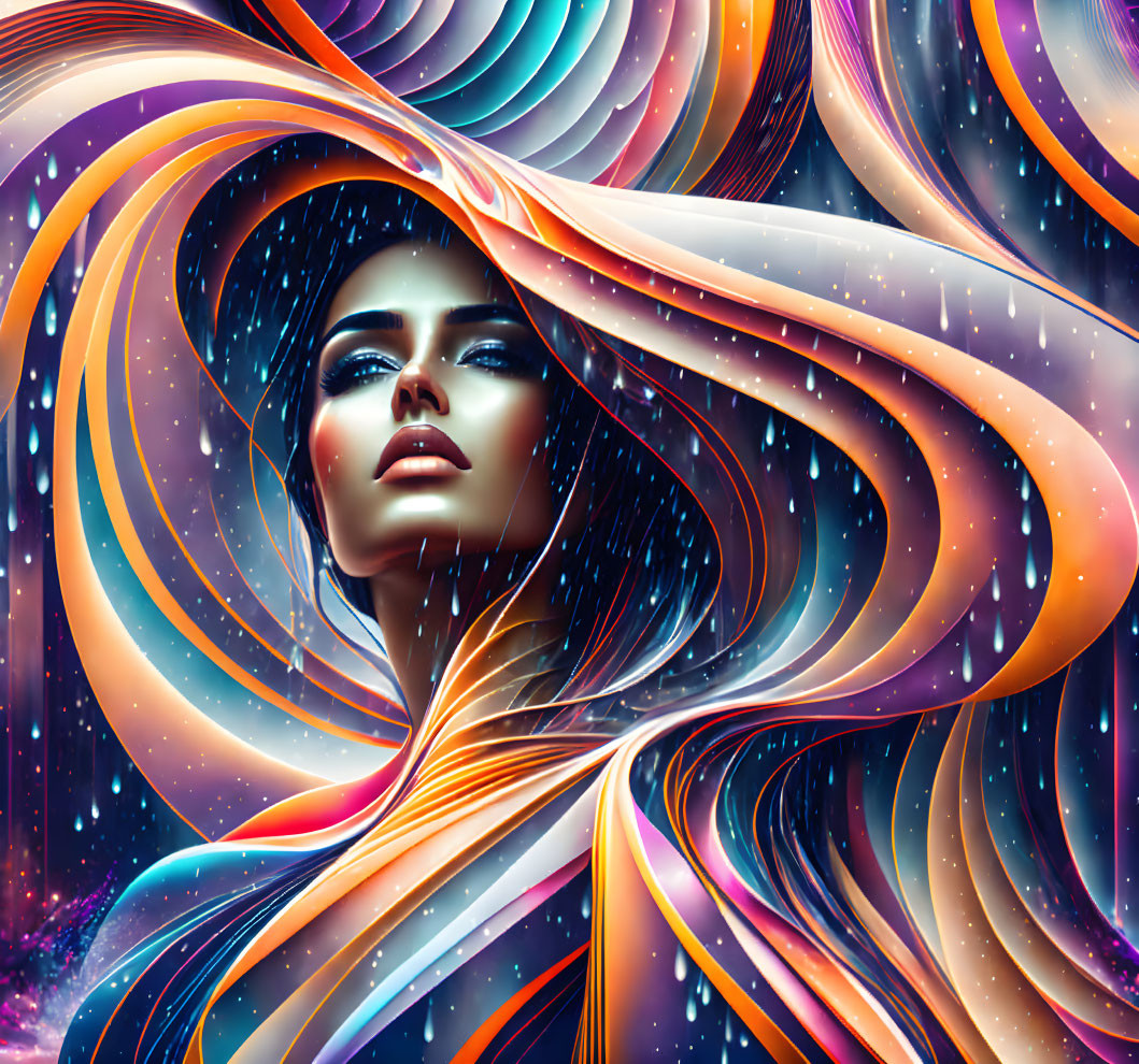 Colorful surreal illustration: Woman's face in cosmic setting