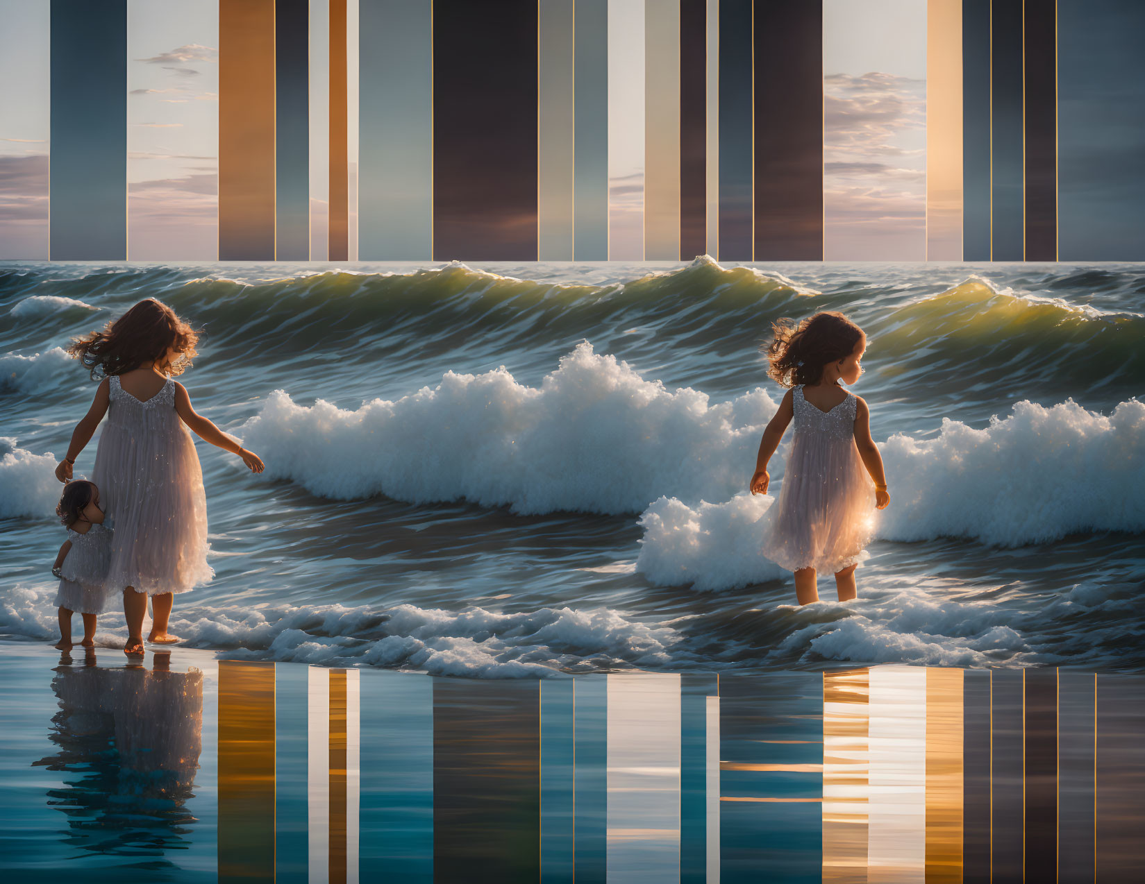 Girls in white dresses play by the sea with surreal vertical panel effects.