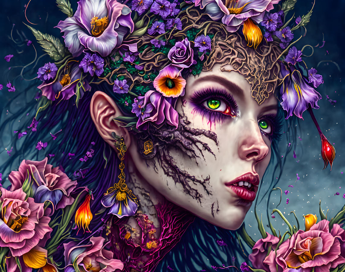 Portrait of Female Figure with Floral Elements and Vibrant Green Eye