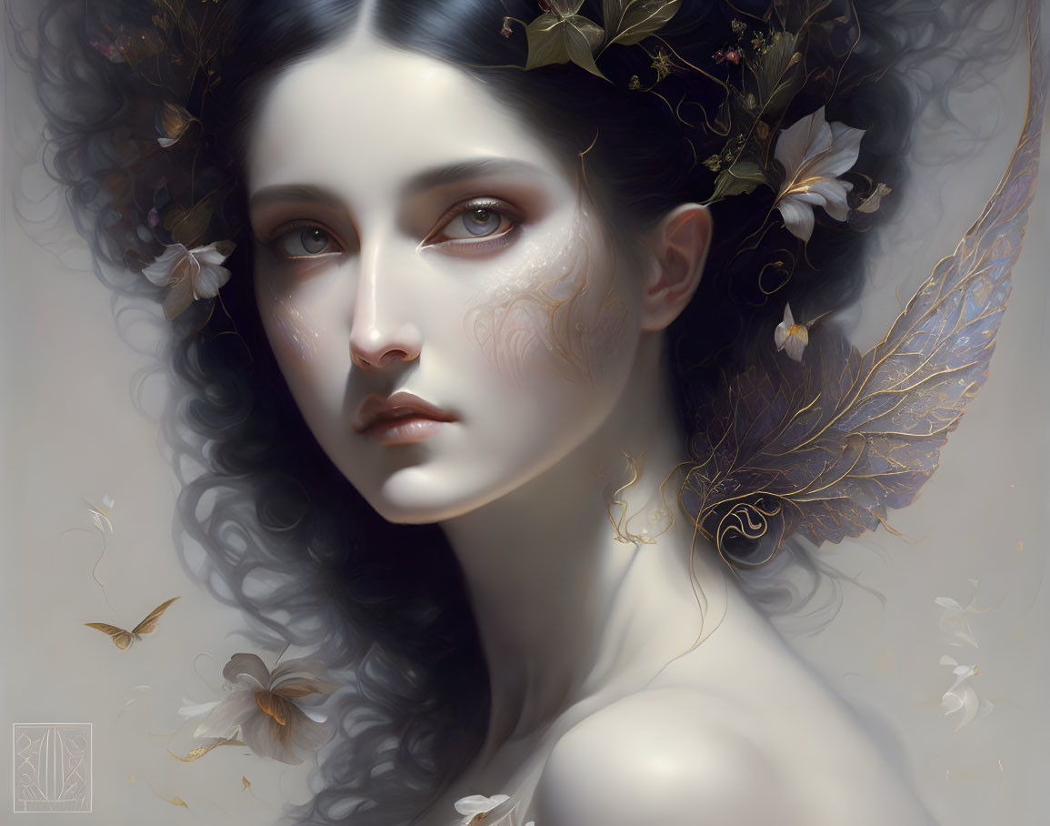 Ethereal Figure with Dark Hair and Translucent Wings